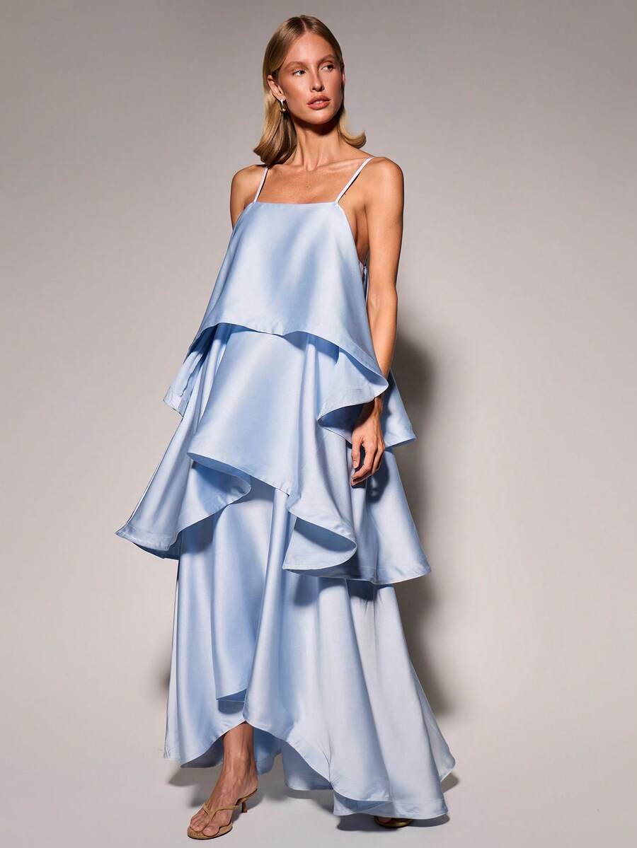 COSMINA Women's Elegant Tailored Long Train Cake Dress Beach Day Party Cocktail Date Vacation Wedding Season Formal Dress Light Blue Summer