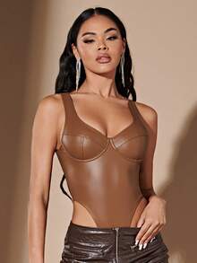 SHEIN BAE Solid PU Leather Bodysuit - Coffee Brown - View 5