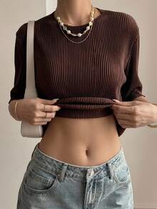 DAZY Ladies' Solid Color Pleated Short Sleeve T-Shirt Sheer School - Coffee Brown - View 8