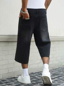 Manfinity EMRG Herren Lässig Gewaschene Jeans mit Strass-Verzierung 3/4 Länge - Schwarz - Übersicht 2