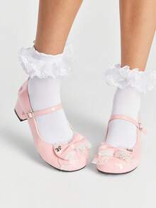 ROMWE Kawaii Giày Mary Jane màu hồng dành cho nữ, giày công sở đế dày, giày lười kiểu sinh viên có nơ và khóa cài, thích hợp cho không khí lễ hội Giáng sinh và Năm mới, mùa thu và mùa đông. - Màu Hồng baby - Xem 1