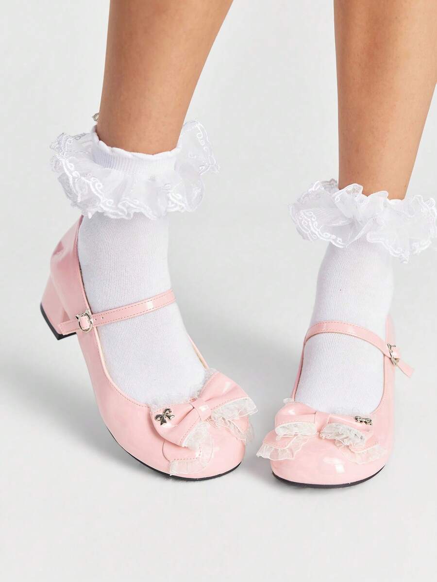 ROMWE Kawaii Giày Mary Jane màu hồng dành cho nữ, giày công sở đế dày, giày lười kiểu sinh viên có nơ và khóa cài, thích hợp cho không khí lễ hội Giáng sinh và Năm mới, mùa thu và mùa đông. - Màu Hồng baby - Xem 1