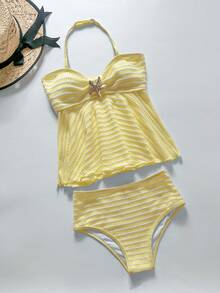 SHEIN Tween Girls Knit Striped Textured Pink Halter Neck Ruffle Swimsuit Set - Yellow - View 7