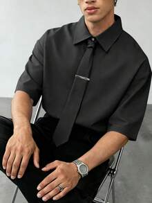 Manfinity Dauomo 男士休闲纯色宽松短袖衬衫 - 黑色 - 查看 4