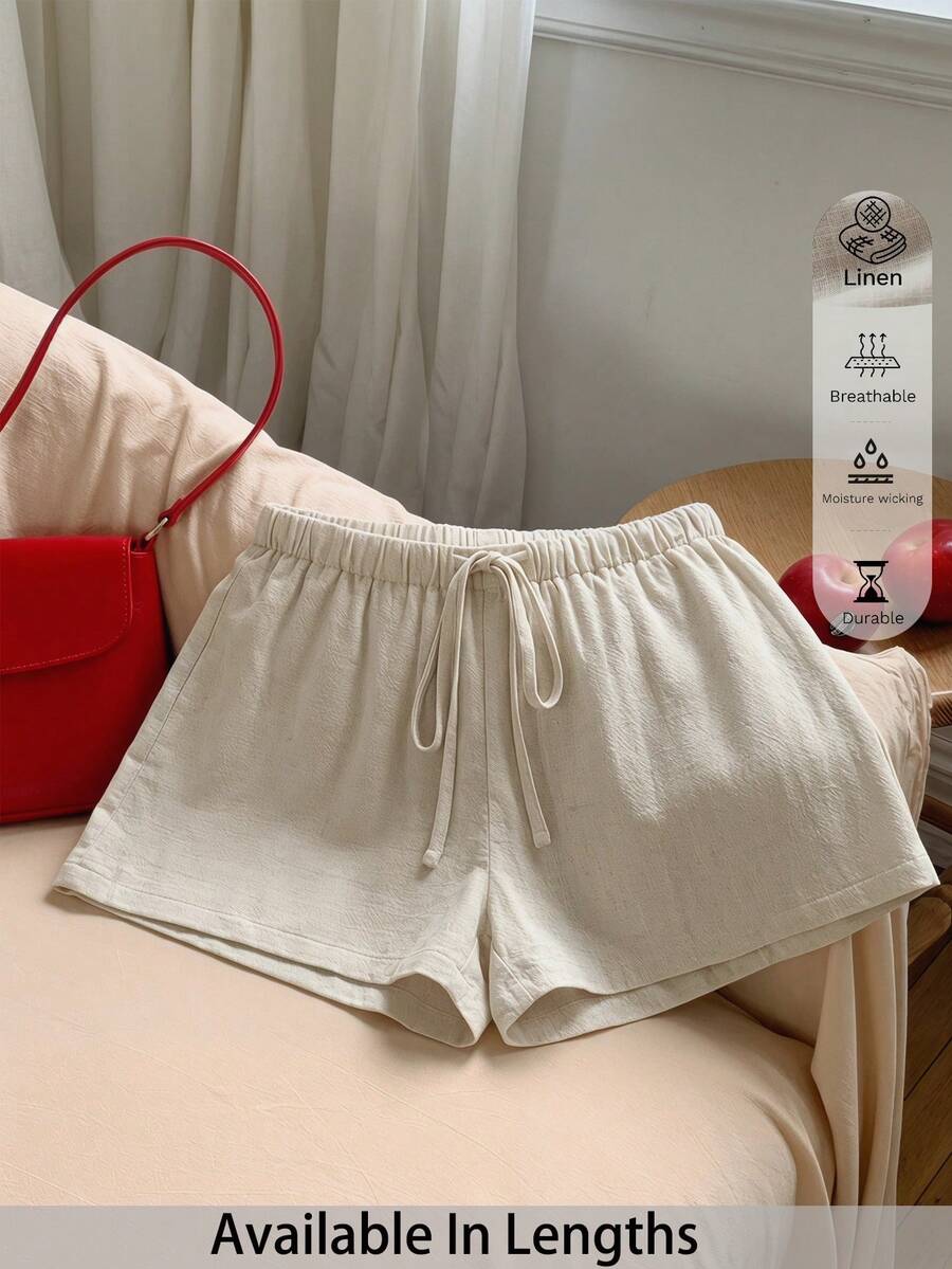 SHEIN PETITE CURVE 大尺碼女款復古亞麻休閒米色短褲,夏季休閒日常優雅時尚海灘度假,舒適腰圍鄉村風 - 杏色 - 查看 1