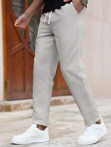 Manfinity Homme Men's Solid Color Casual Slim-Fit Straight Pants, Fall - Light Grey - View 3