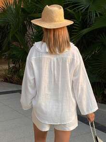DAZY Solid Color Loose Long Sleeve Round Neck Women's Blouse Vacation White Autumn Elegant - White - View 2