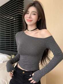 DAZY 女款方領修身T恤 性感風 夜店風 白色波點 秋冬露肩長袖上衣 - 灰色 - 查看 5