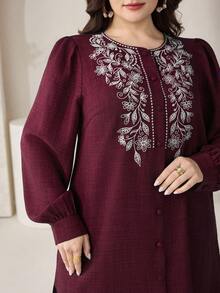 Veilorie Plus Size Women's Spring/Autumn Casual Vacation Style Floral Embroidery Lantern Sleeve Loose Long Shirt - Burgundy - View 3