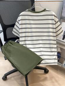 2pcs/Set Tween Boys Casual Comfortable Versatile Striped Print T-Shirt And Solid Color Shorts Set - Army Green - View 2