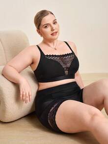 Hourtrue Plus Size Women Lace Patchwork Wireless Bra, Comfortable Lingerie - Black - View 4