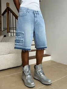Manfinity EMRG Celana Pendek Denim Pria Warna Biru Muda dengan Potongan Lebar dan Efek Sobek, Gaya Streetwear Y2K - Biru - View 7
