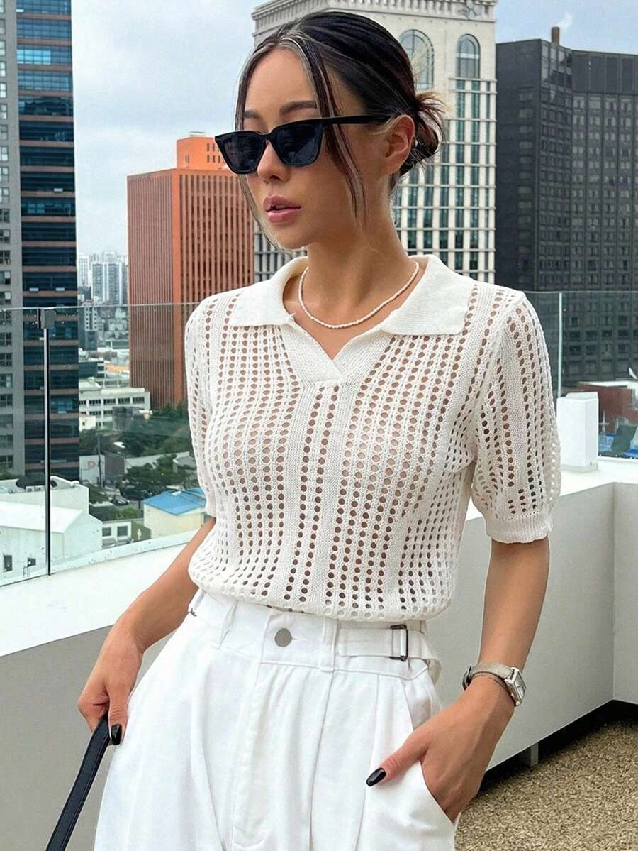 DAZY 條紋 Polo 領短袖休閒針織上衣 春夏女款 度假風 - 白色 - 查看 1