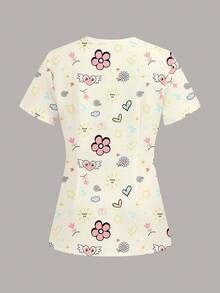 SHEIN Essnce Women's Scrub Uniform Graffiti Print Pattern Top, Suitable For Pet And Children's Hospitals - Multicolor - View 2