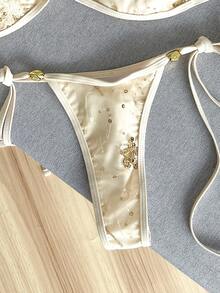 Swim Mod 2pcs Spring/Summer Beach Vacation Sequin Textured Fabric Gold Bead Decor Halter Bandeau Top & Side Tie String Thong Bikini Set - Multicolor - View 4
