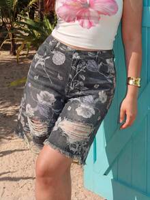 ROMWE Fairycore Vintage Floral Print Washed Plus Size Women's Loose Wide Leg Denim Capri Pants - Black - View 8