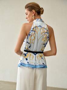 MOTF PREMIUM SPRING/SUMMER ELEGANT SILK SCARF PRINT BELTED HALTER TOP - Multicolor - View 4