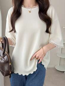 FRIFUL Women's Wavy Frill Trim Striped Loose Colorblock Edge Short Sleeve T-Shirt Summer Top - Beige - View 7