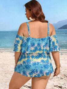 Swim Lushoire Plus Size Random Print Shoulder Strap Adjustable Strap Two Pieces Separated Conservative Fashion Tank Bikini - Baby Blue - View 2