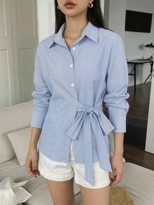 DAZY Women's Casual French Style Commute Office Striped Lace-Up Long Sleeve Shirt Blue And White Stripe Autumn - Blue - View 6