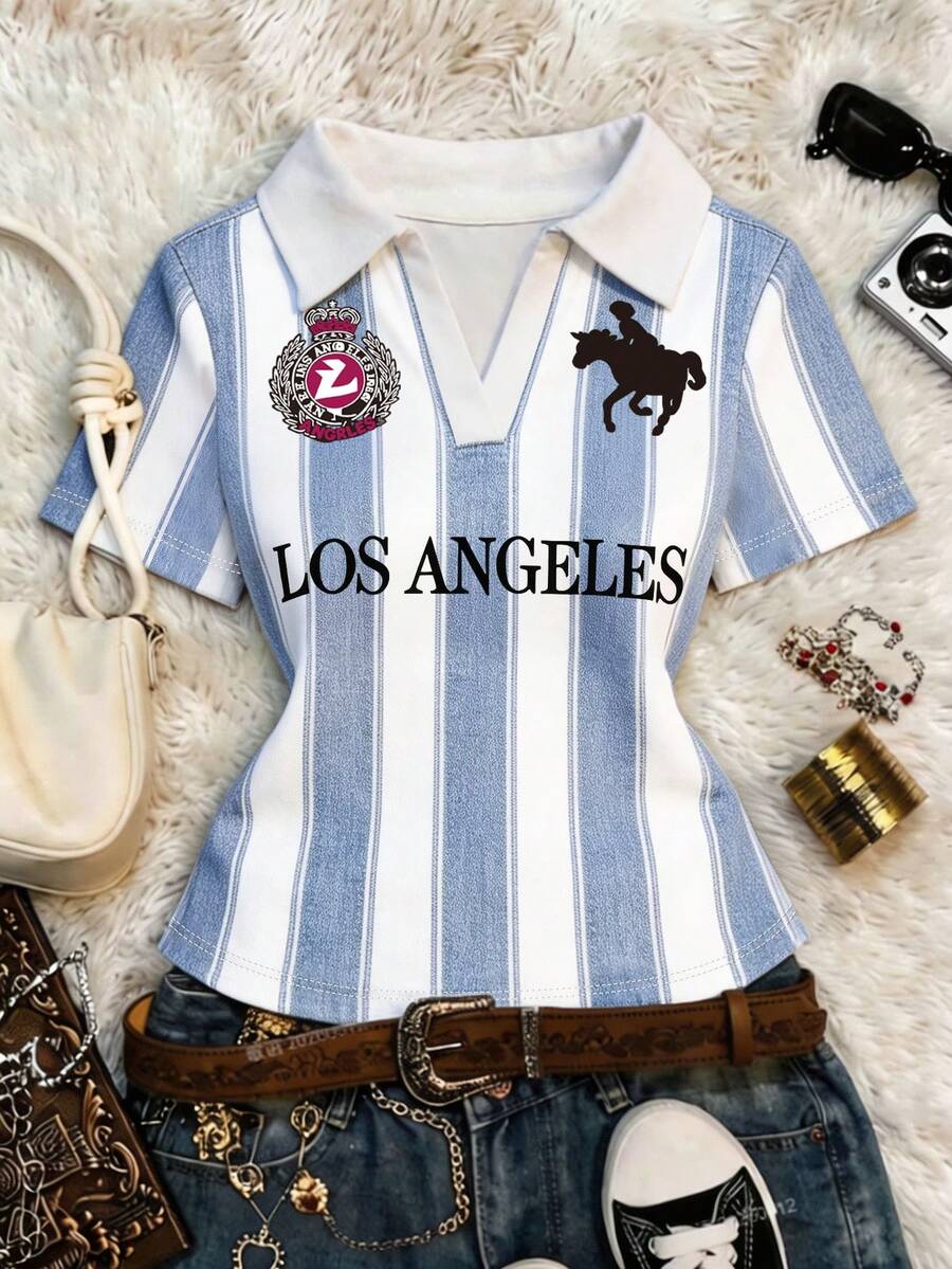 INAWLY Women's Letter Print Short Sleeve Casual Polo Shirt - Multicolor - View 1
