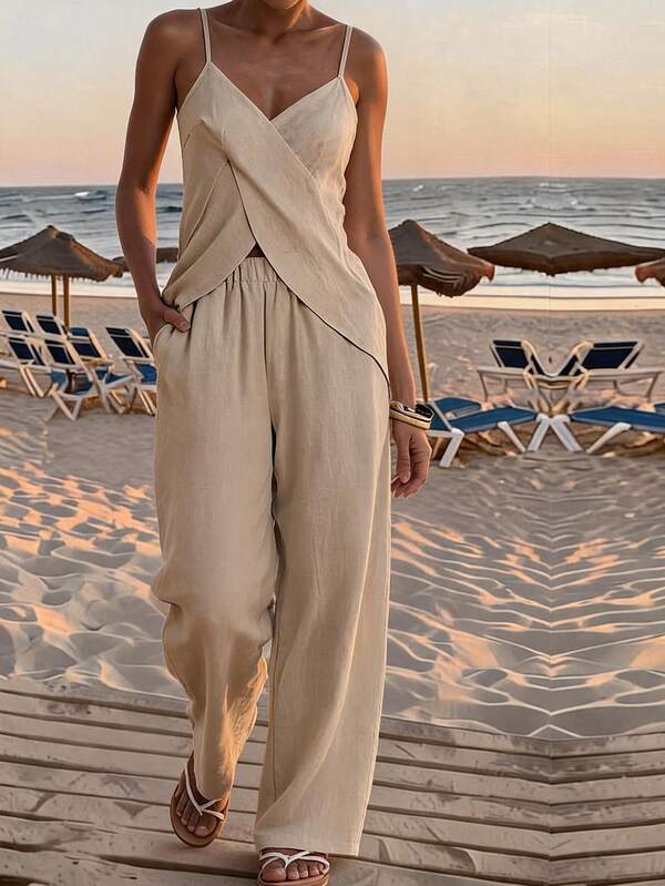 Travachic Beige Camisole & Pants 2 Pieces Set For Women