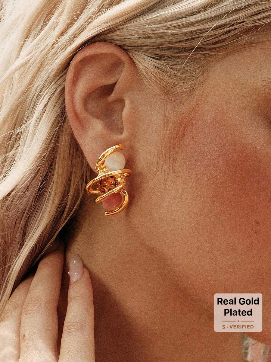 Glisma 18K Gold Plated Geometric Diamond Earrings With Diamonds,Premium/Old Money/Classy,Summer/Beach/Prom/Party,Layered/Gemstone/Beaded/Crystals,Sexy/Vintage,For Mom/Women/Girl/Mother - Gold - Cat's Eye - View 1