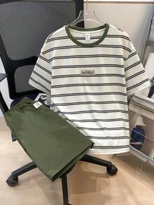 2pcs/Set Tween Boys Casual Comfortable Versatile Striped Print T-Shirt And Solid Color Shorts Set - Army Green - View 3