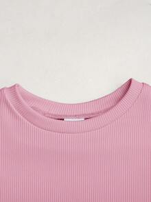 SHEIN 青少年女孩夏季新款藍色純色短袖T恤防走光裙套裝 - 粉色 - 查看 9
