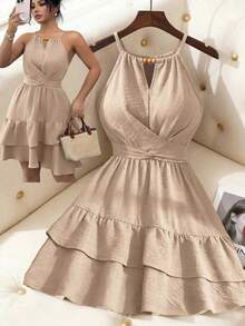 Vestido elegante con escote halter, hombros con lazada y volantes en el bajo para tallas grandes - Albaricoque - Ver 5