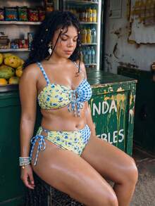 Swim Mod Plus Size Women Beach Plaid Patchwork Tie-Up Tankini Top And Triangle Bottoms Bikini Set - Multicolor - View 3