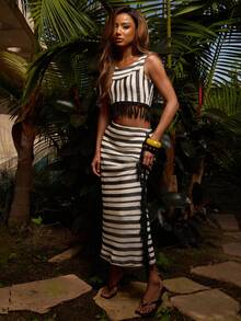 NYA SZN Matching Set Tank Top And Maxi Skirt Striped Fringe Detail Beige Black Vacation Beach Outfits For Women - Multicolor - View 5