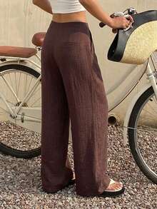DAZY Solid Color Loose Wide Leg Pants With Pockets Casual Vacation Summer Women Long Pants - Brown - View 2