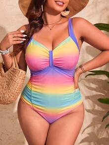 Slaydiva Baju Renang Terusan Tanpa Lengan Ukuran Besar untuk Pantai Musim Panas dengan Pinggang Tinggi dan Leher V Motif Ombre - MultiWarna - View 6