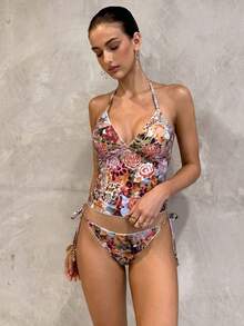 Swim Glamine 两件套甜美碎花黄色格子比基尼套装，休闲春夏海滩派对度假装 - 棕色 - 查看 10