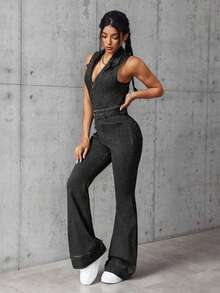 SHEIN EZwear 女款夏季休閒無袖牛仔連身褲 - 黑色 - 查看 4
