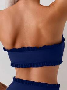 Swim Mod Women's Summer Beach Solid Color Ruffle Trim Bandeau Bikini Set With Front Knot, Two Pieces Swimwear Black Bathing Suits - Navy Blue - View 5