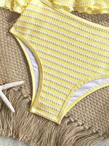 SHEIN Tween Girls Knit Striped Textured Pink Halter Neck Ruffle Swimsuit Set - Yellow - View 6