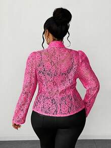 Maweii Plus Size Women's Fashion Lace Button Front Long Sleeve Shirt - Hot Pink - View 6