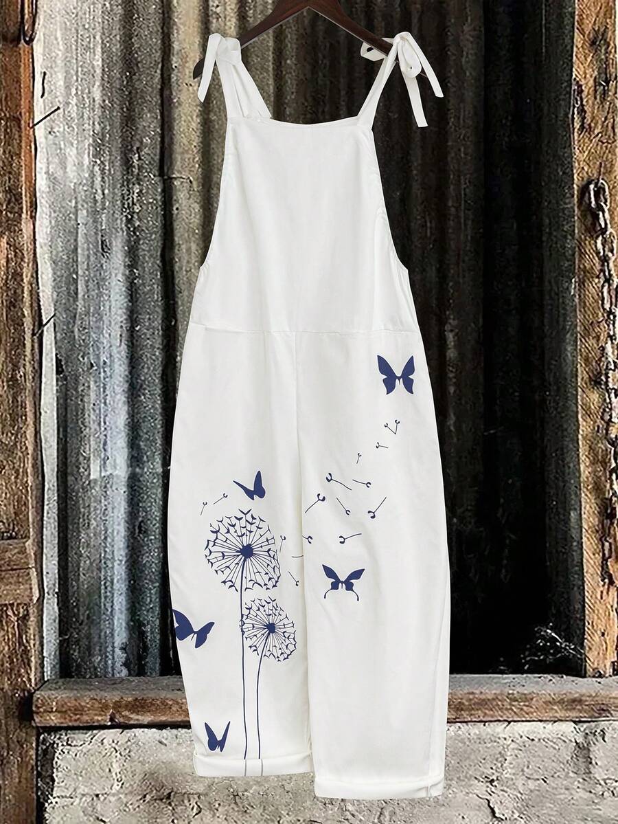 Linhara Jumpsuit Kasual Musim Panas Tanpa Lengan Ukuran Plus Wanita dengan Kantong dan Motif Cetak - Biru - View 1