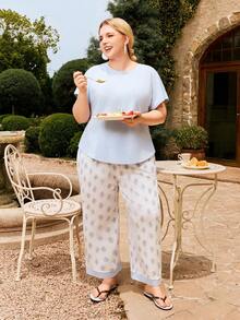 LUVLETTE Plus Size Natural Women's Cute Casual Light Blue Top & Patterned TrousersStyle Set Adorable Comfortable Lounge Wear Graphic - Blue - View 11
