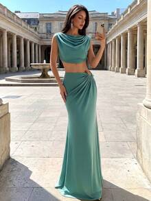 Firerie Two-Piece Elegant Green Fishnet Long Dress Set, With Sexy Side-Cutout Metal Beading. Party Wedding - Olive Green - View 2