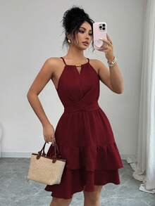 Elenzga Gaun Mini Wanita Musim Semi/Panas Elegan Berwarna Khaki dengan Hiasan Manik-manik dan Gesper, Tanpa Lengan, Desain Pita dan Gesper, Pas Badan, dan Model Mengembang - Burgundy - View 4