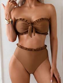 Swim Mod Women's Summer Beach Solid Color Ruffle Trim Bandeau Bikini Set With Front Knot, Two Pieces Swimwear Black Bathing Suits - Coffee Brown - View 4