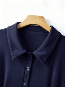 GlowEve CURVE Plus Size Women's Casual Slim Fit Burgundy Button Front Polo Collar A-Line Short Sleeve Dress - Blue - View 7