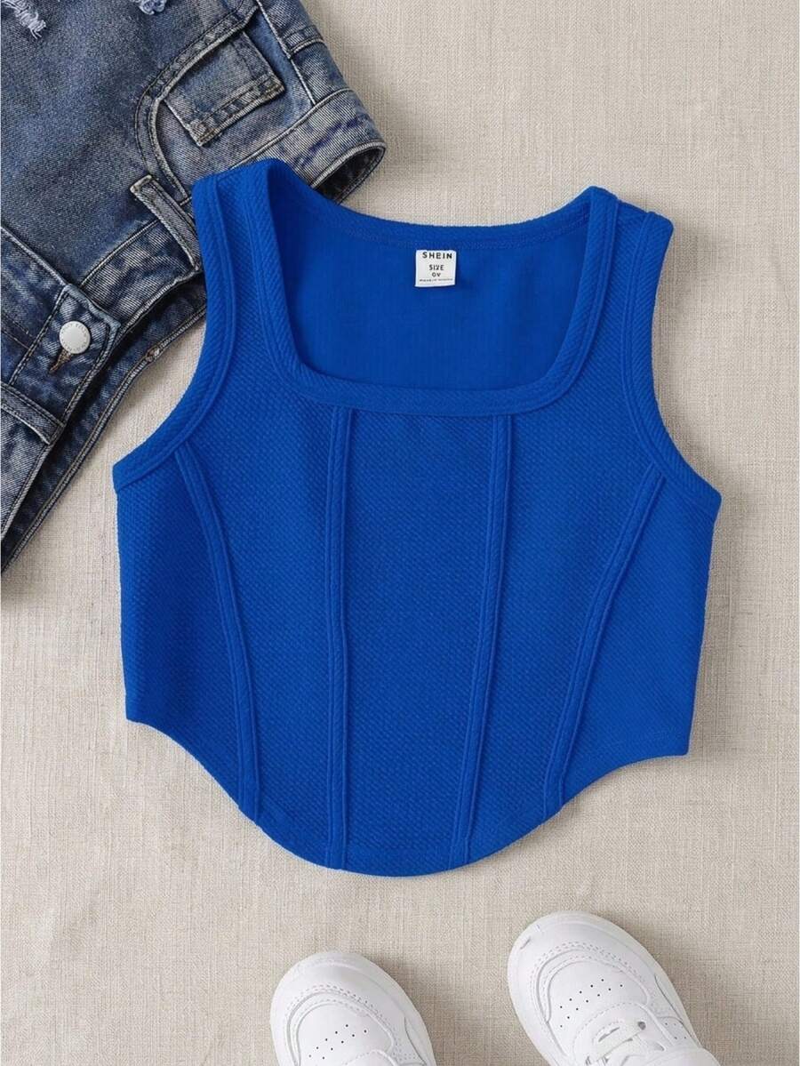 SHEIN Top de Verão Cropped de Cor Sólida para Meninas Adolescentes com Decote Quadrado e Bainha de Lenço - Azul - Ver 1