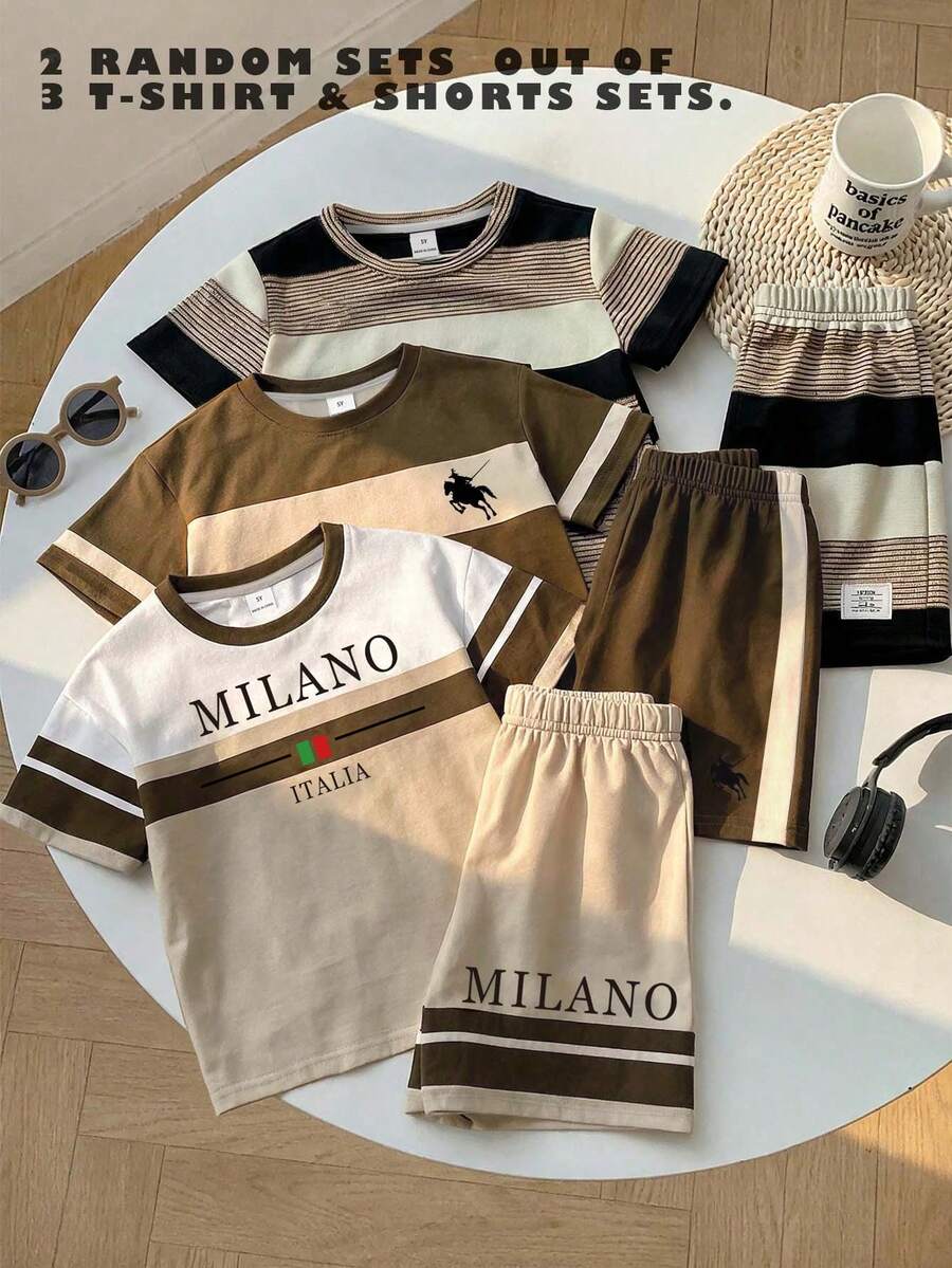 3 Sets, Get 2 Random Sets Of Boys Casual Round Neck T-Shirt And Shorts 2-Piece Outfits Suitable For Summer, Classic Striped Pattern Print, City Name Text Print "Milan, Italy", Elegant Horse Rider Logo Print - Multicolor - View 1