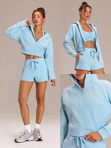 GLOWMODE Everyday Terry GlowZip Soft Breathable Sweat-Wicking Loose Fit Cropped Full-Zip Sweatshirt Daily Casual Wear - Blue Day - View 9