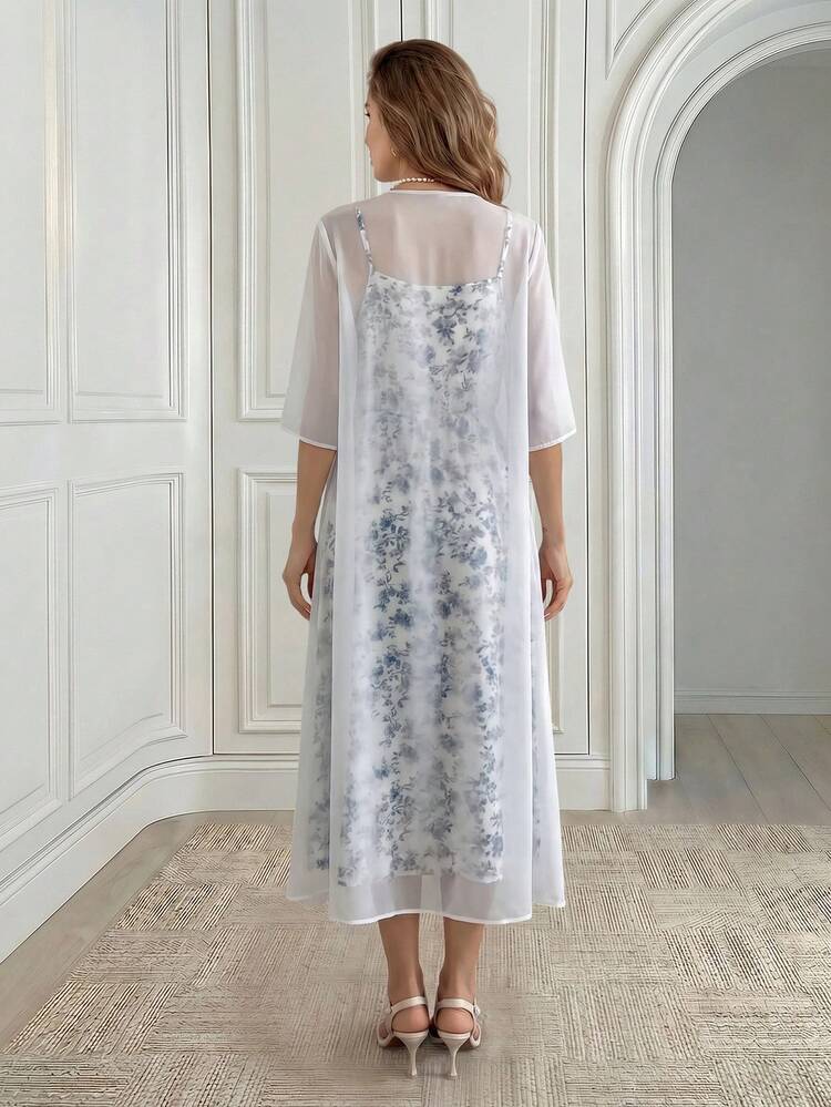 Women's Vacation Floral Print Camisole Dress And Short Sleeve Long Cover-Up Set,Summer Set,Holiday Outfits For Women,Floral Set For Women