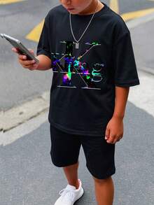 SHEIN 兒童青少年男童休閒簡約圓領短袖T恤與短褲2件組，適合夏季，時尚經典King文字圖案印花，適合通勤、上學、日常休閒出遊、運動，適合春夏季節 - 黑色 - 查看 4